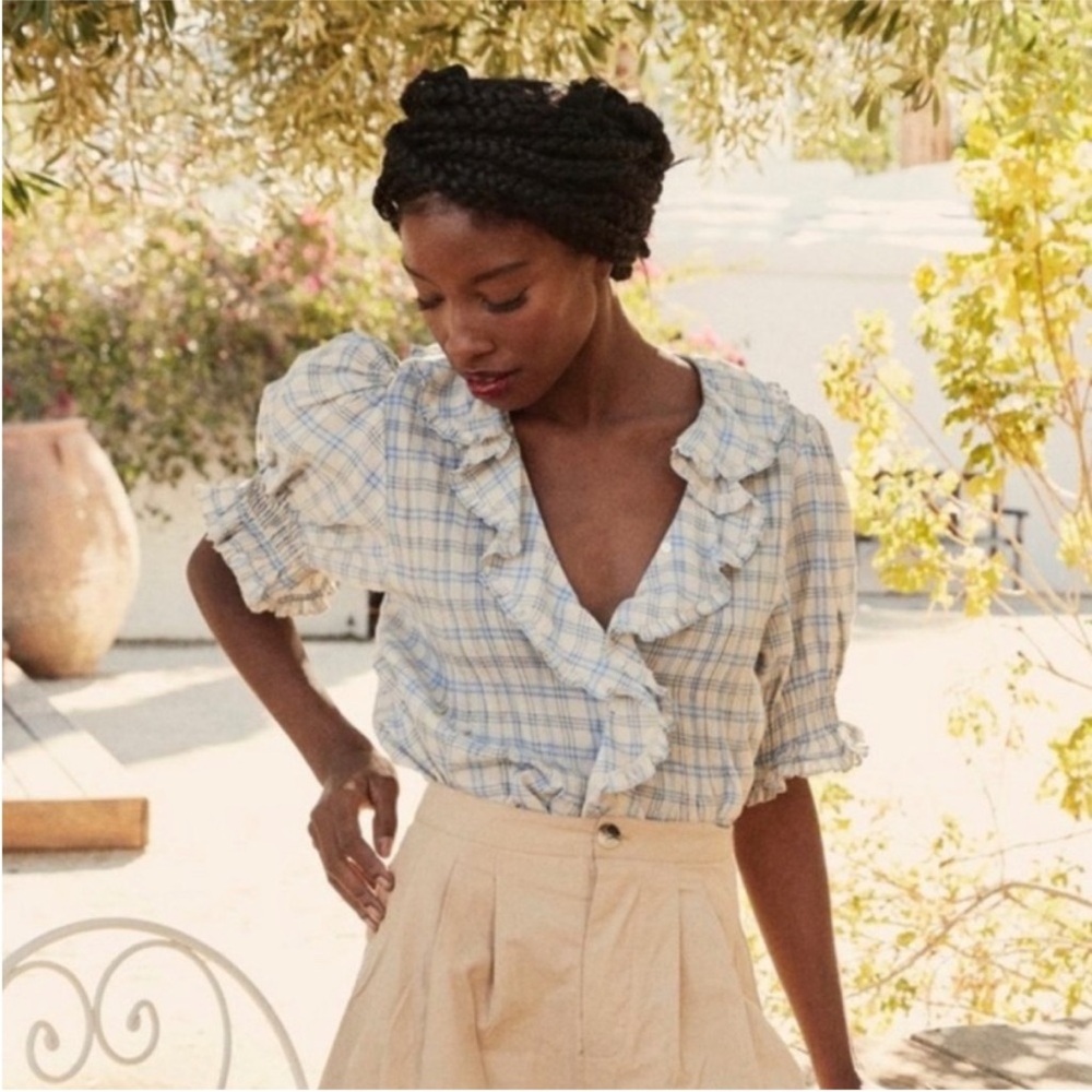 Doen Blue and White Plaid Blouse